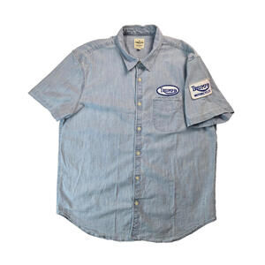 Lucky Brand Triumph Motorcycles Patch Blue Denim Chambray Button Shirt Mens XL